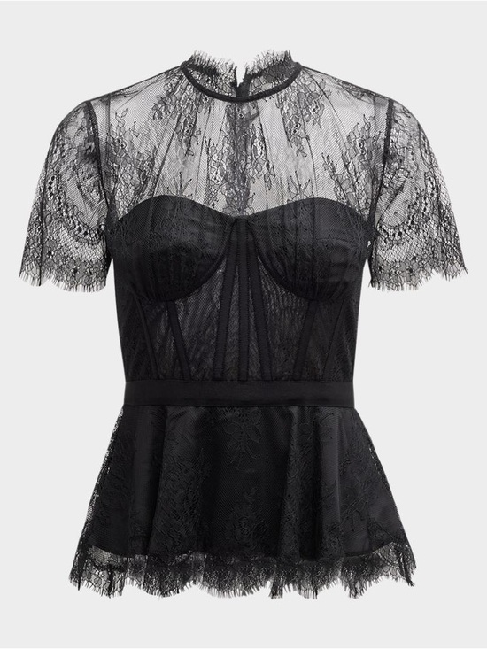 Tops - Simkhai Kehlani Sheer Lace Short-Sleeve Peplum Bustier Top